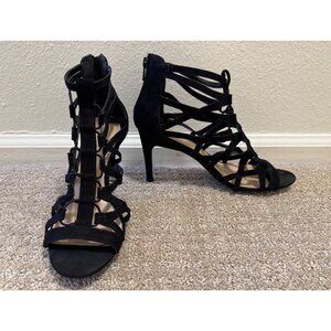 Nine West Black Babycakes Caged Strappy Suede‎ Ankle Heels Size 8 Shoes